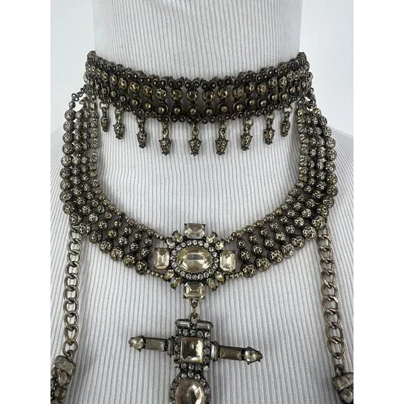 Free People Multilayered Antiqued Silver & Rhinestone Necklace - Picture 8 of 16